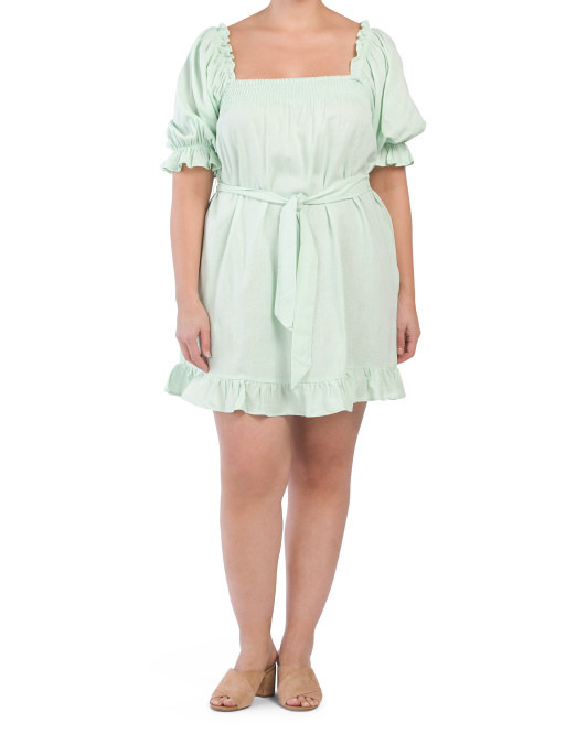 Plus Linen Blend Smocked Ruffle Mini Dress