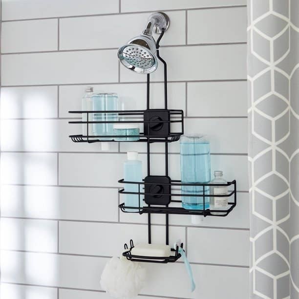 a matte black shower caddy with shower accessories