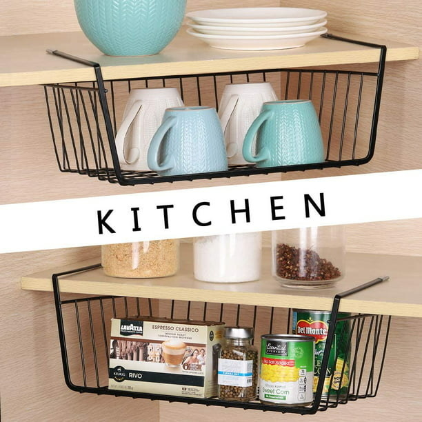 the wire baskets in a kitchen cabinet