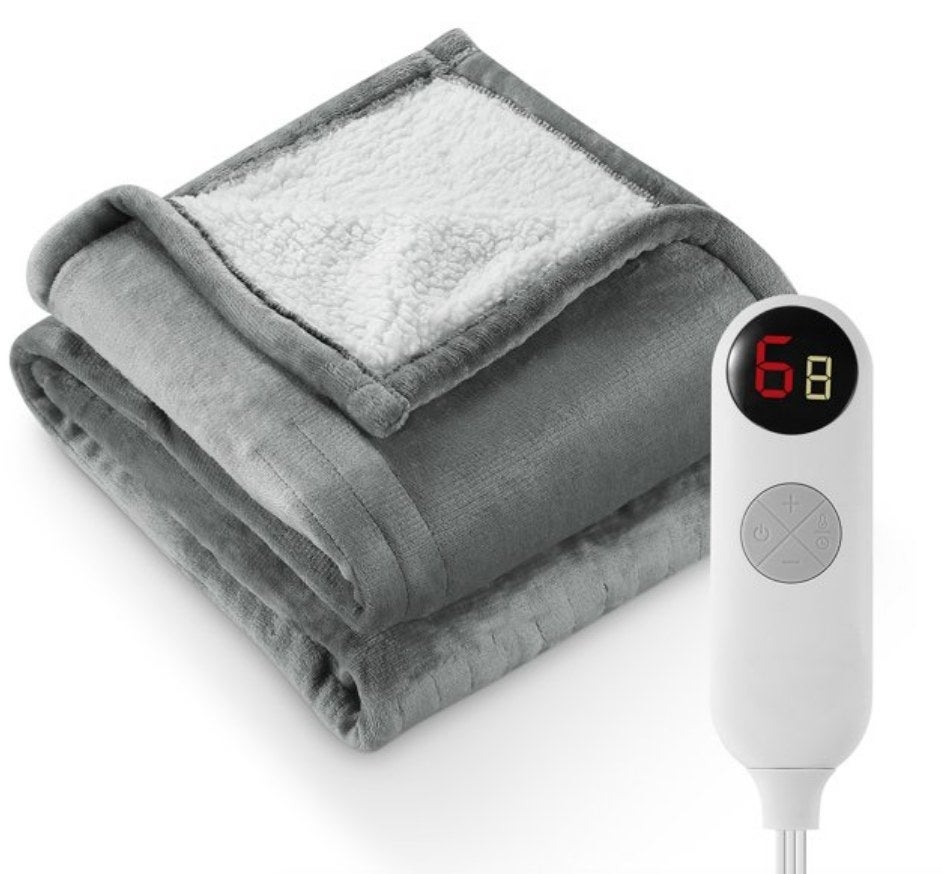 A grey heated blanket