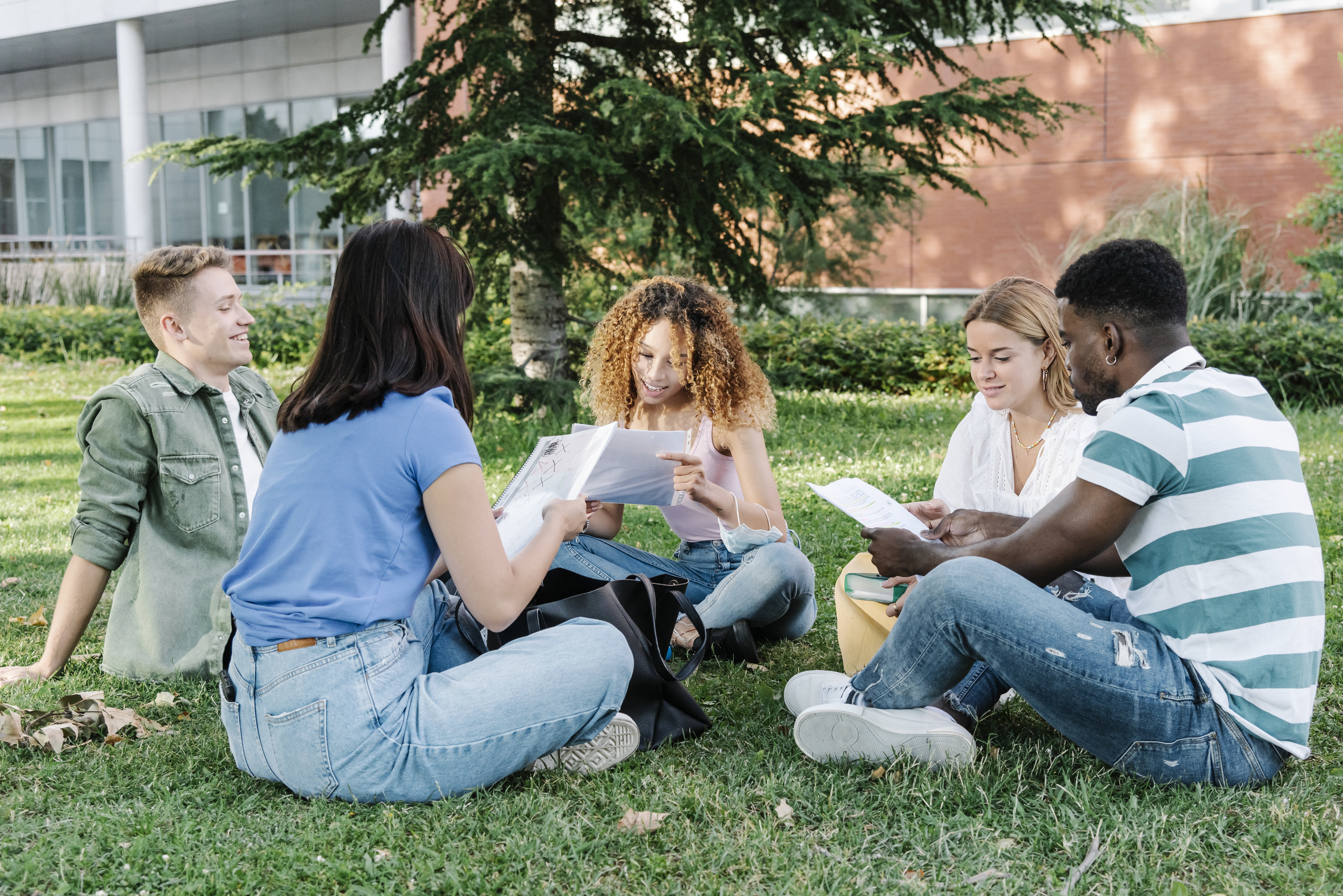 A group of college students sitting on the grass reading