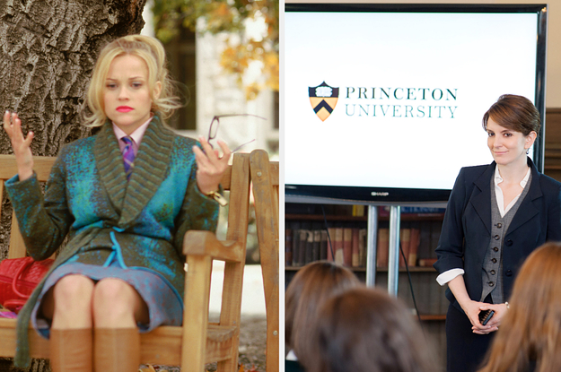 Reese Witherspoon as Elle Woods holds up her hands in "Legally BLonde" Right: Tina Fey as Portia Nathan stands in front of a Princeton presentation in "Admission"