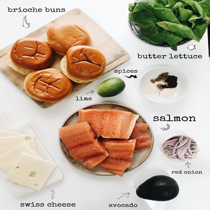 Ingredients for salmon burgers.