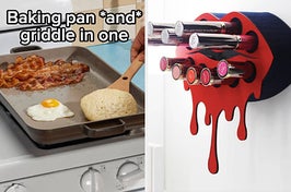 baking pan and griddle in one and a lip shaped lipstick holder