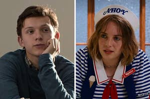 On the left, Tom Holland as Peter Parker in Spider-Man: Homecoming, and on the right, Robin from Stranger Things