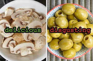 On the left, a plate of mushrooms labeled delicious, and on the right, a bowl of olives labeled disgusting