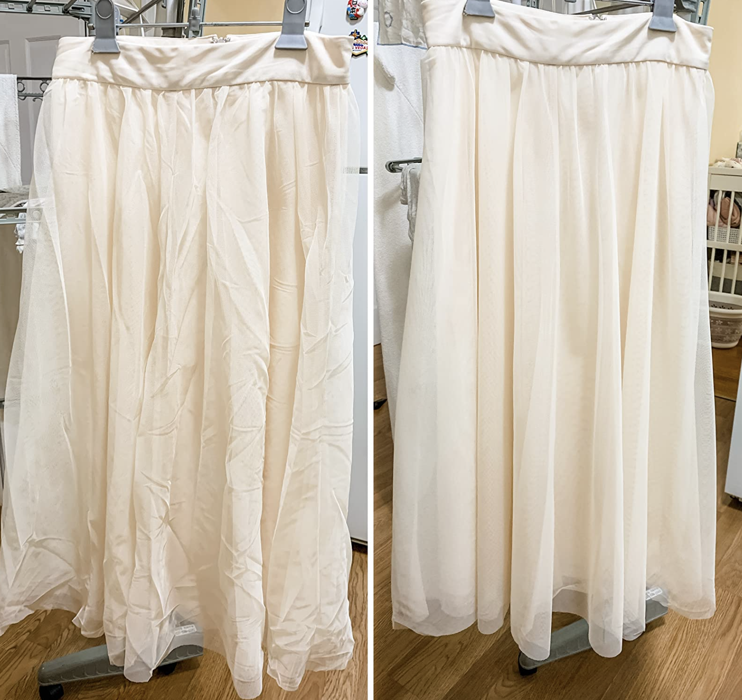 Reviewer&#x27;s before and after of a wrinkled tulle skirt and then wrinkle-free skirt