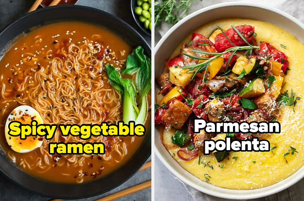 a side by side image of spicy veggie ramen and parmesan polenta