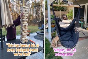 giant jenga on the left and hanging hammock chair on the right