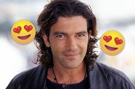 A close up of Antonio Banderas looking into the camera