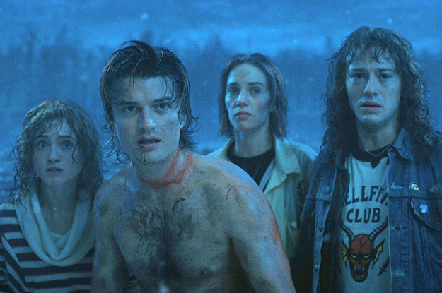 Nancy, Steve, Robin, and Eddie from Stranger Things in the Upside Down