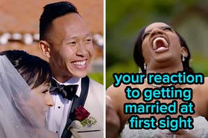 Cast members from "MAFS" face each other with one on the right laughing and labeled, "your reaction to getting married at first sight"