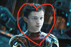 A close up of Peter Parker in his Iron Spider suit