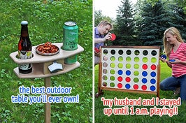 outdoor table on the left and connect four on the right