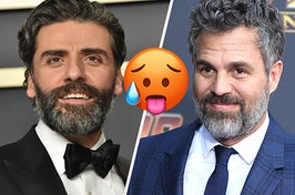 Oscar Isaac wears a dark suit and Mark Ruffalo wears a plaid suit