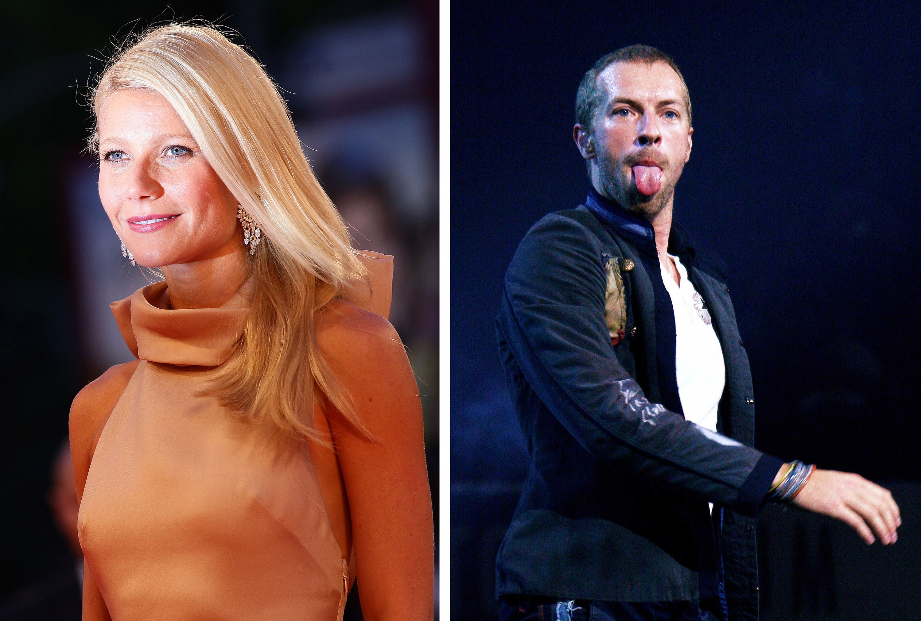 Gwyneth Paltrow in an orange turtleneck and Chris Martin sticking his tongue out at the camera