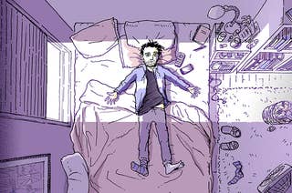illustration of a young man laying in bed, exhausted