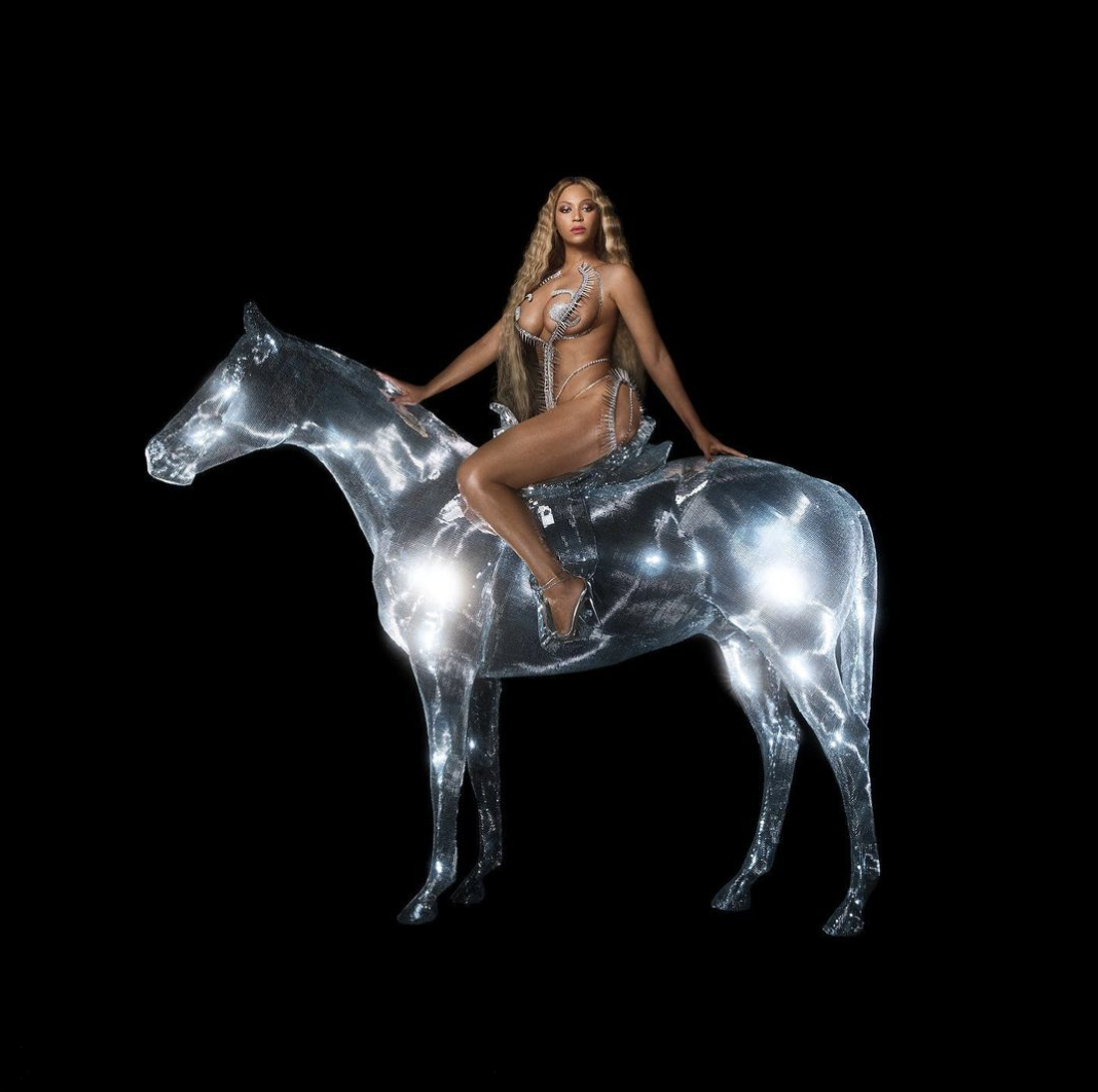 The Renaissance album cover shows Beyoncé sitting on a chrome horse against a black backdrop