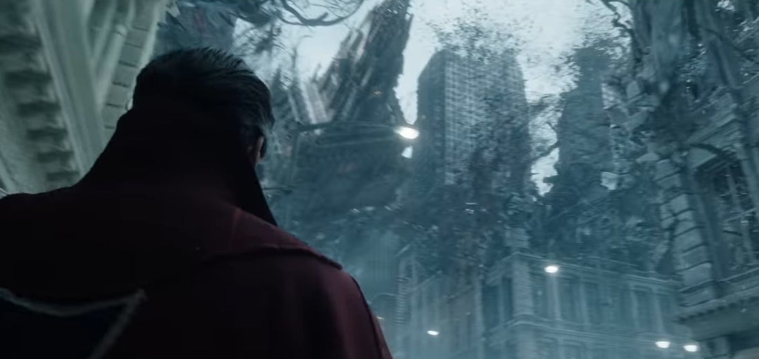 Stephen Strange looking up at a New York City ravaged by an Incursion in &quot;Doctor Strange In the Multiverse of Madness&quot;
