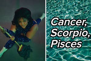 Lizzo is on the left doing a split with "Cancer, Scorpio, Pisces" written on the right