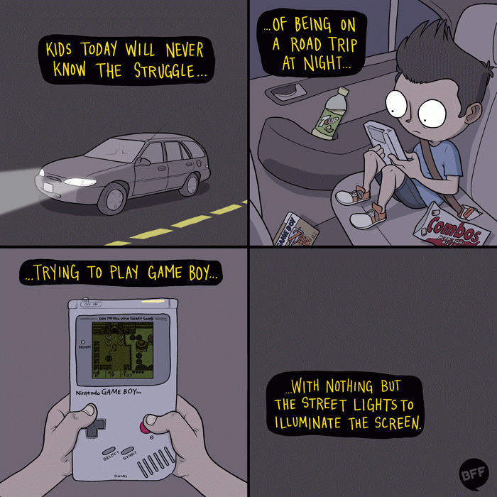 comic of a kid trying to play game boy in the dark