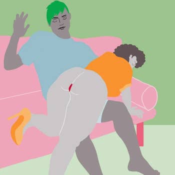 Illustration of model wearing butt plug and being spanked
