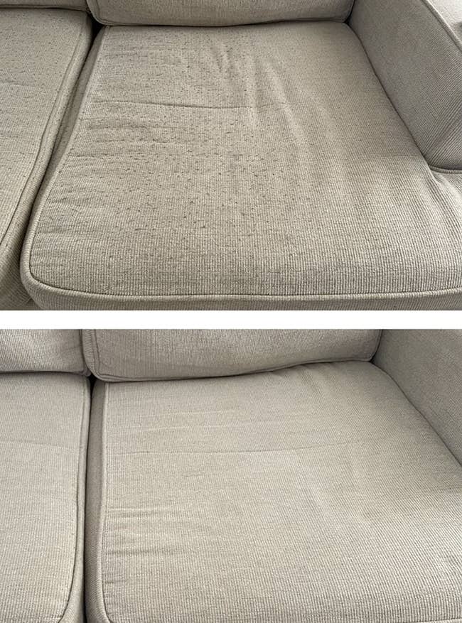 a before and after photo of a reviewer's sofa covered in fuzzies and then cleared away after using the defuzzer