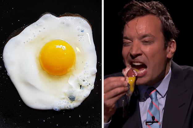 a fried egg on the left and jimmy fallon eating a raw egg on the right