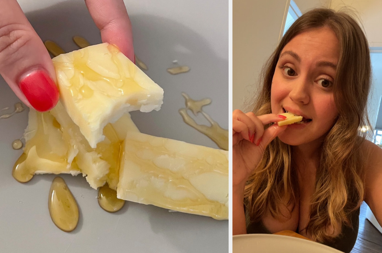 Hannah eating cheddar cheese with honey