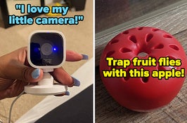 on the left a reviewer's hand holding a blink camera and text that reads "i love my little camera"; on the right an apple-shaped fruit fly trap