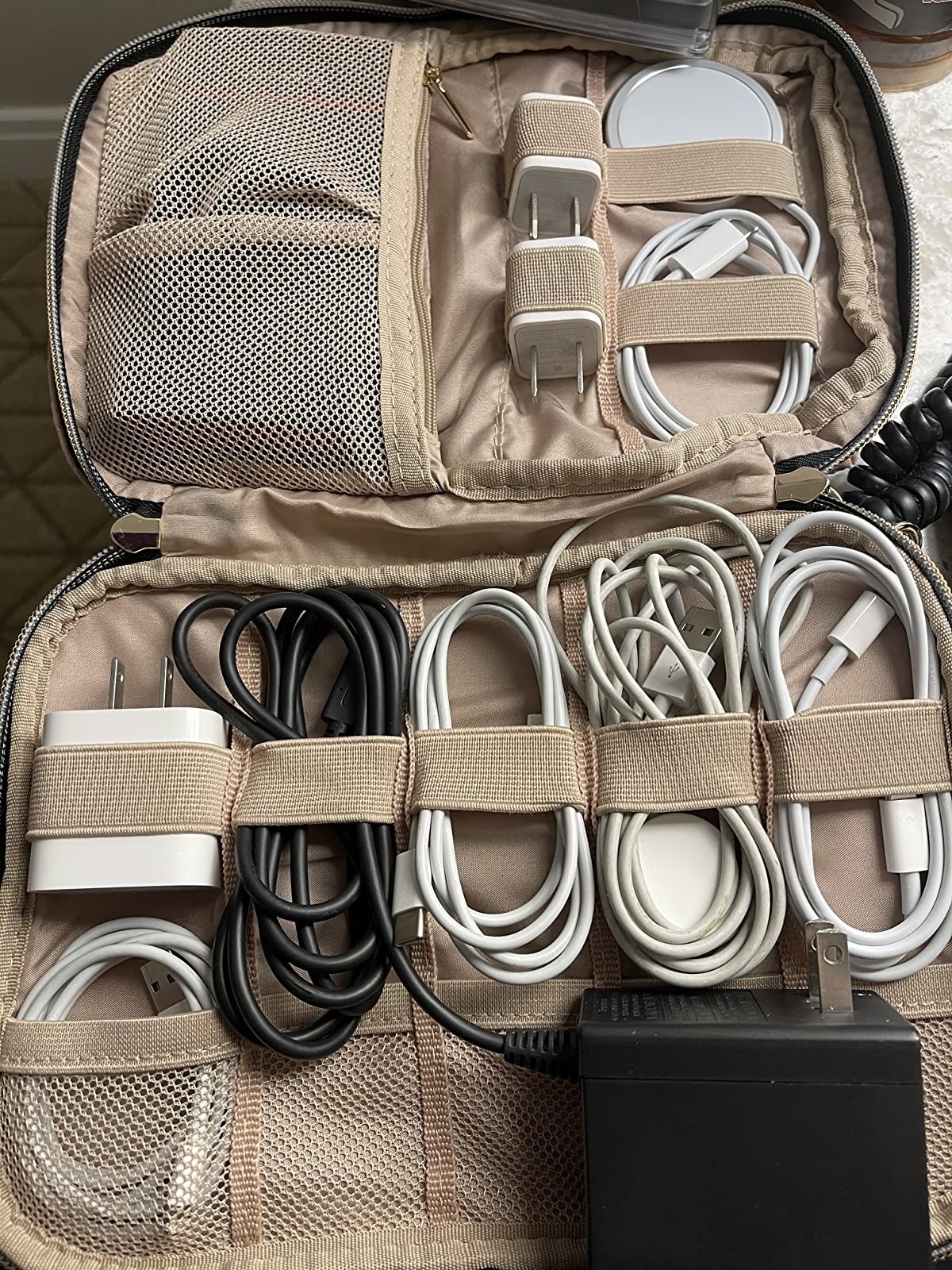 Reviewer image of organizer filled with cables and chargers