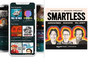 On the left is a phone with the Wondery app open and on the right is the cover art for the Smartless podcast