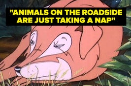Animated subdued fox caption reads animals on the roadside are taking a nap