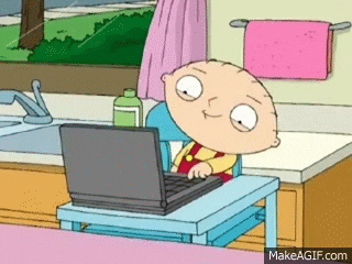 a gif of stewie from family guy doing an excited dance