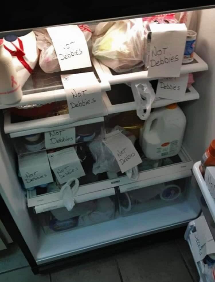 fridge labeled not debbies