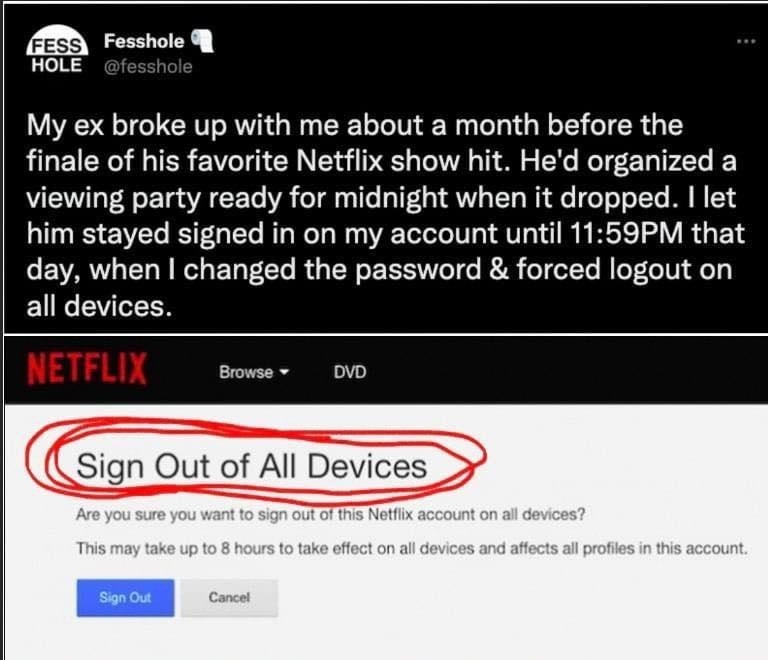 person signs out of netflix so their ex cant watch a show