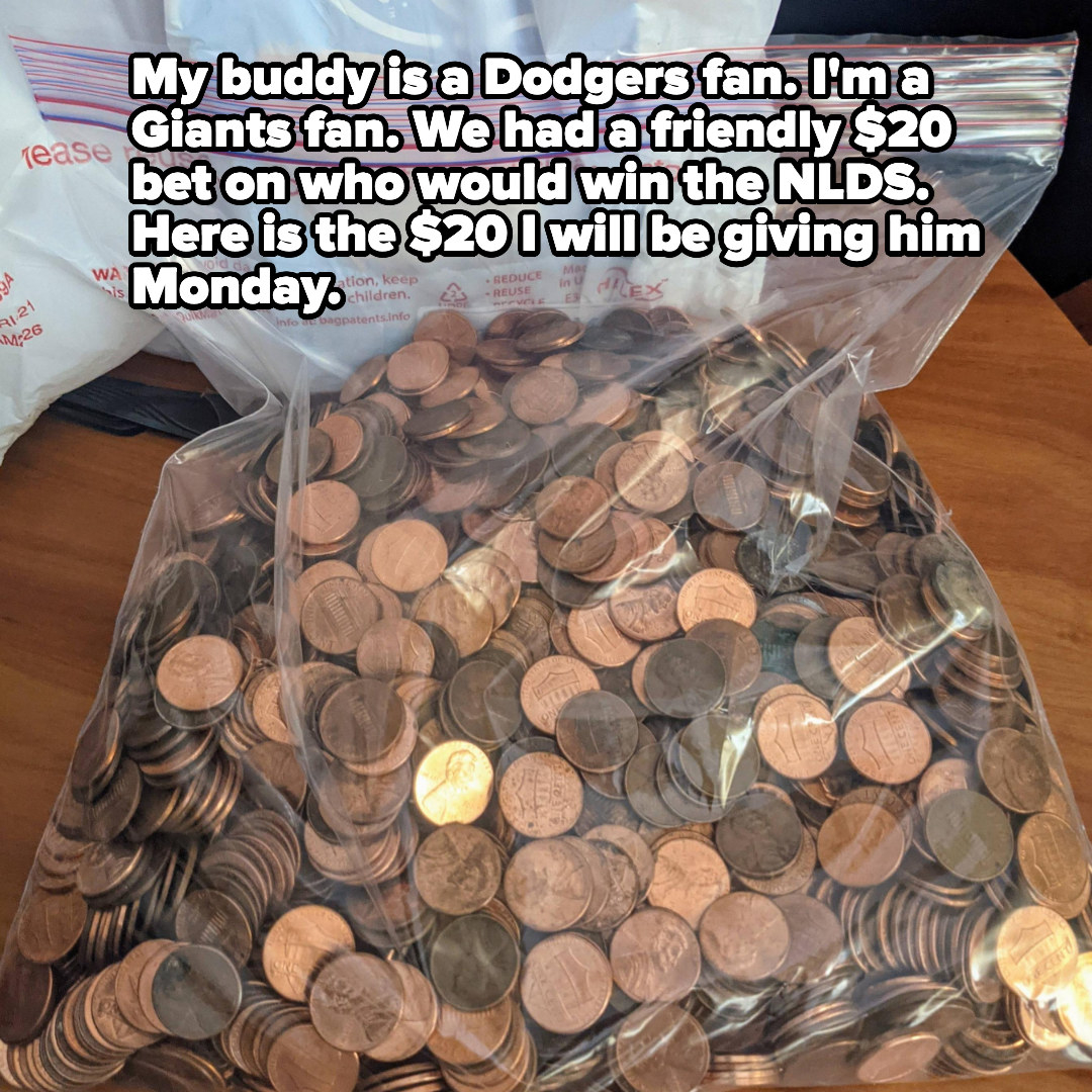 person loses a bet and pays in pennies