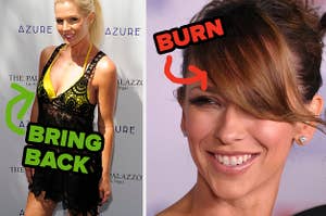 crochet cover-up labeled "bring back" and side bangs labeled "burn"