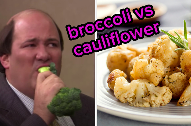 A man is eating broccoli labeled, "broccoli vs cauliflower"