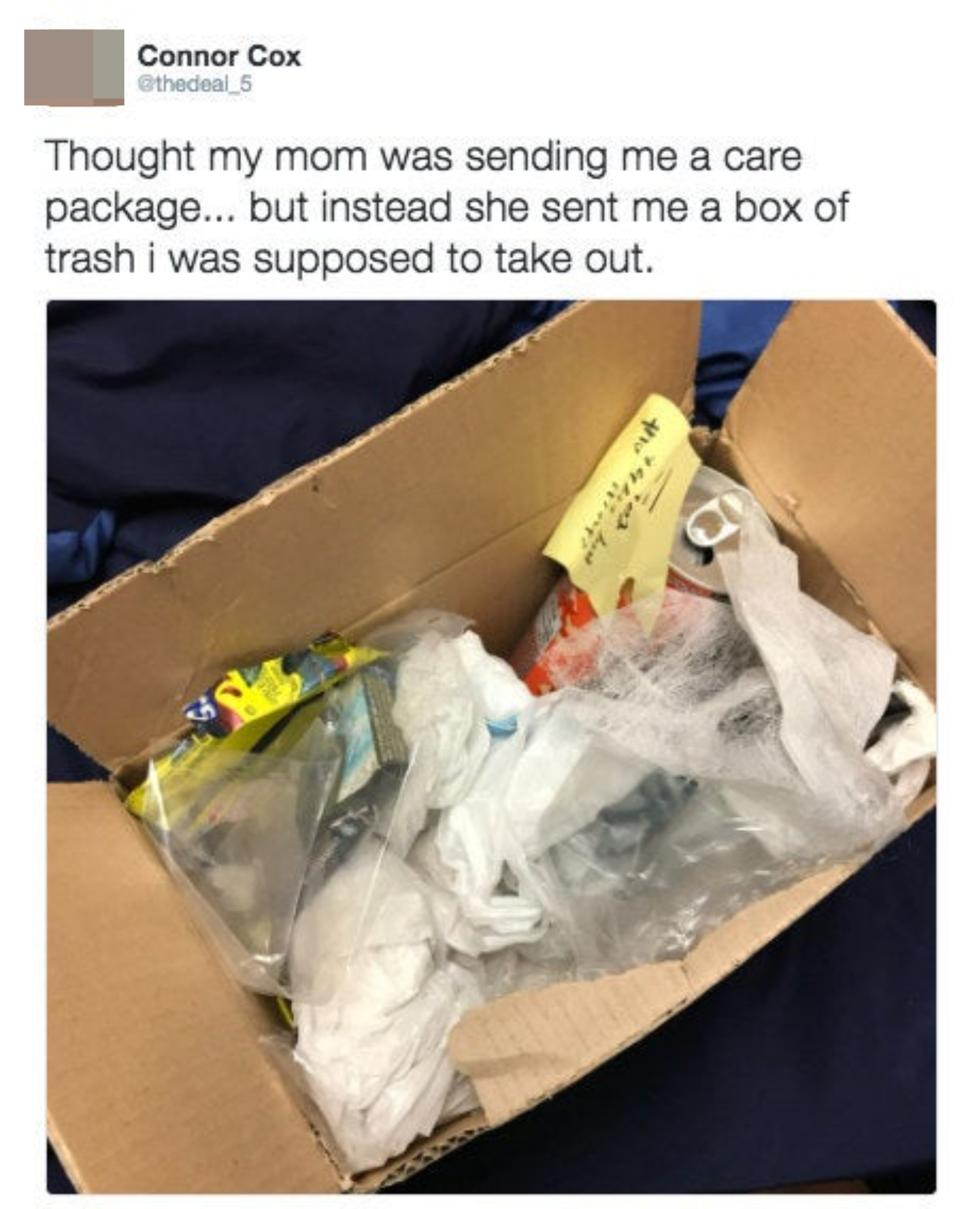 A mom sends trash to a kid who did not take it out