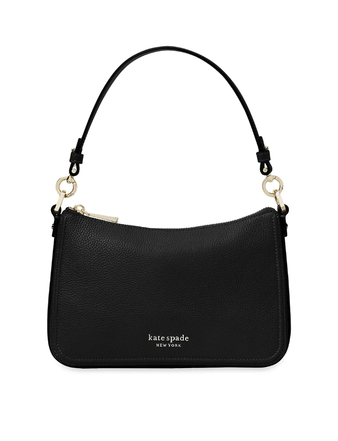 Black leather bag with Kate Spade New York logo in center, metal zipper, and metal connectors between bag and straps