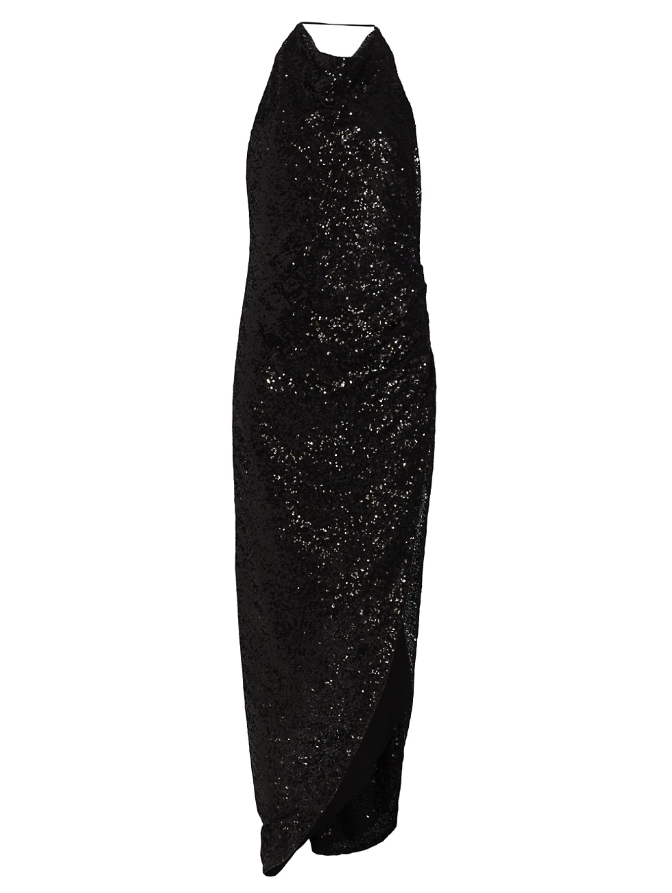 Black sequin asymmetric evening gown