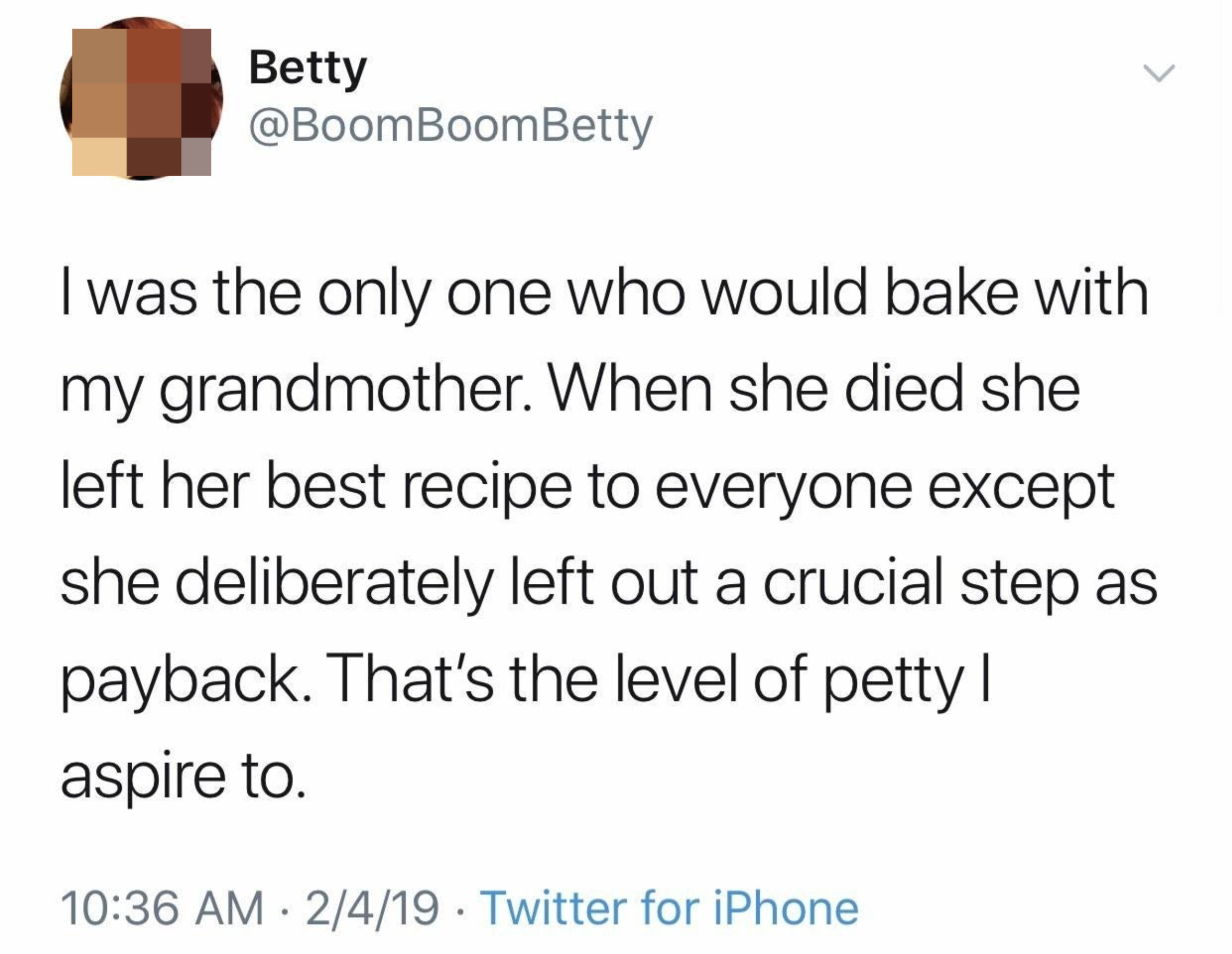 A tweet about a grandma leaving out pages of a recipe book on purpose