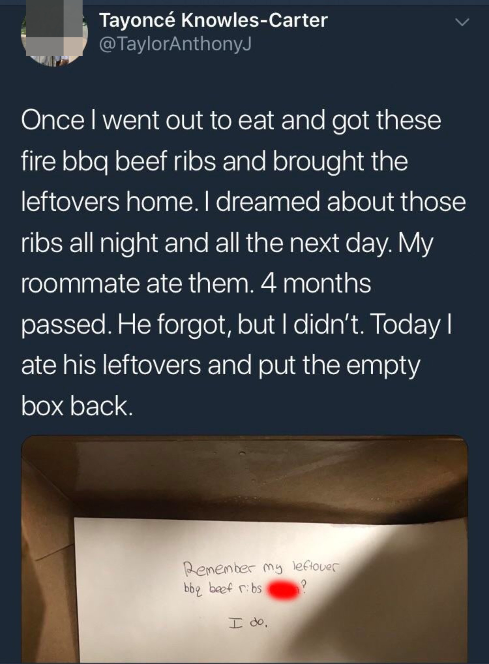 A tweet of someone eating their roommate&#x27;s leftovers because they ate theirs