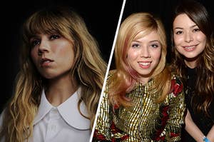 Jennette McCurdy poses in a white blouse with her hair in bangs. She also appears in a gold sweater with red patterns while sitting next to Miranda Cosgrove, who's dressed in all black.