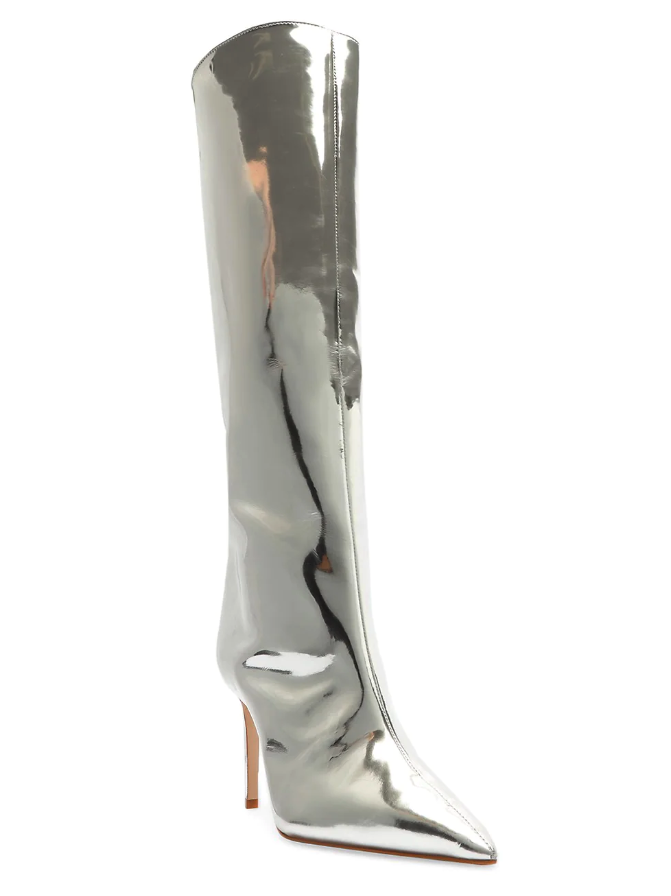 Silver, knee-high stiletto boots