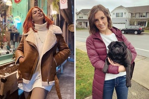 left: reviewer posing wearing brown shearling moto jacket. right: reviewer photo wearing lightweight purple parka, holding pug.