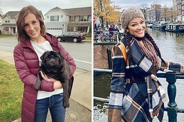 left: reviewer photo wearing lightweight purple parka, holding pug. right: reviewer wearing plaid coat in front of bridge in Amsterdam.