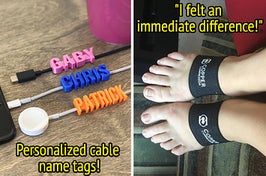 on the left three personalized cable name tags; on the right compression bands on a reviewer's feet and text that reads "I felt an immediate difference"