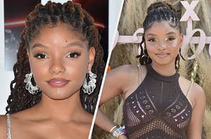Halle Bailey wears a silver dress with matching hoop earrings. She also appears in a brown crotchet dress with a pink bralette underneath.